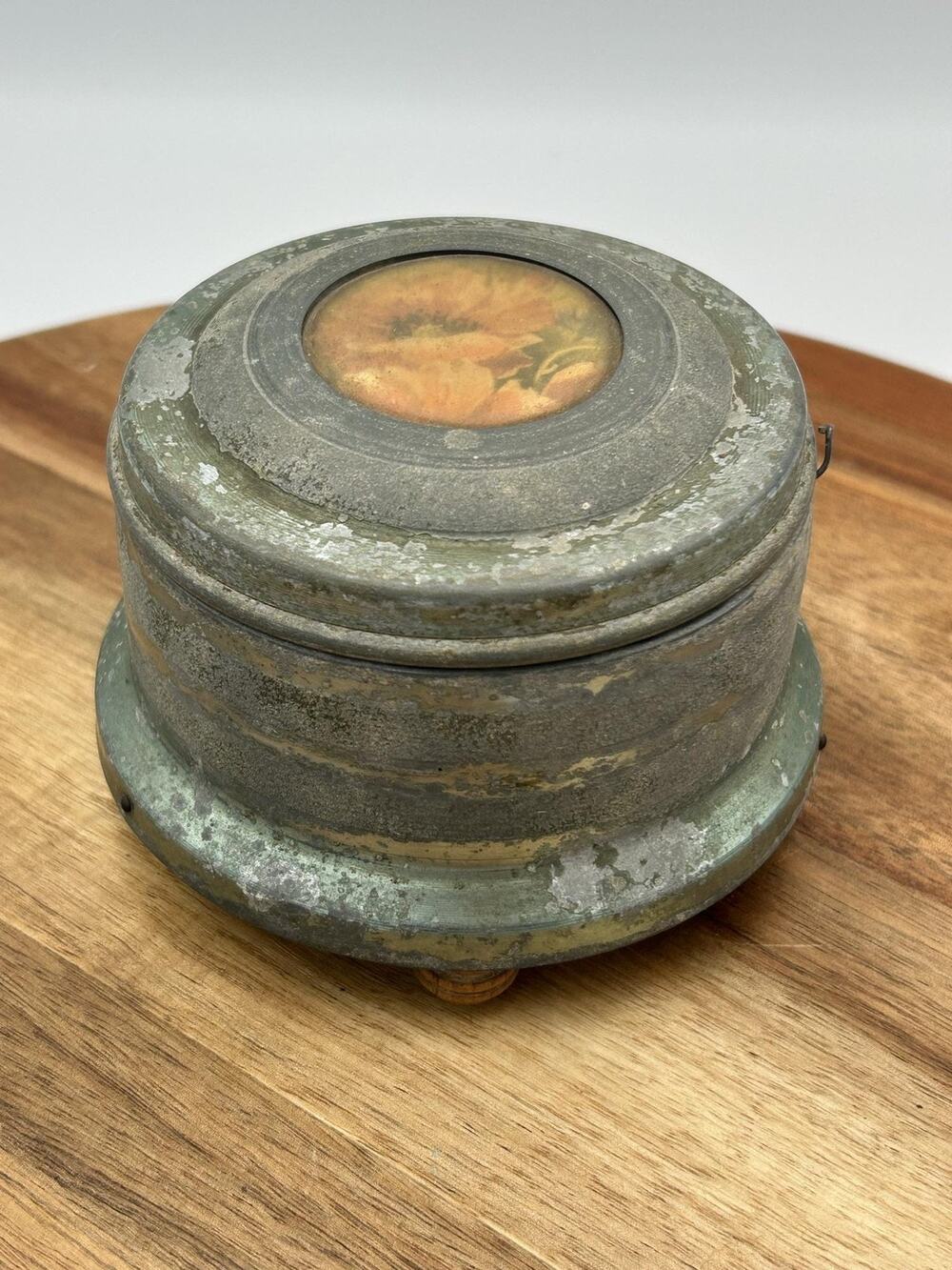 Vintage Metal Music Box Blue Danube Round Tin Floral Lid Footed 3 Wood Leg Base